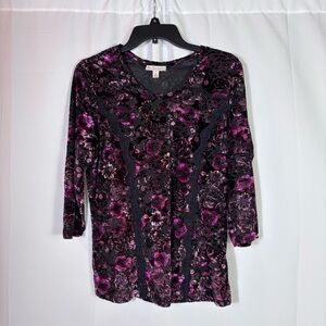 DB Established Velvet Burnout Floral Lace Blouse Purple Pink Sheer Boho M chic